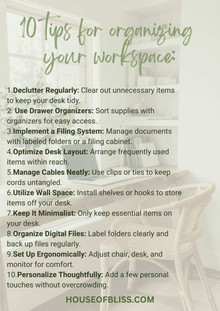 Guide layout titled “10 Tips for Organizing Your Workspace” featuring clean visuals and green typography