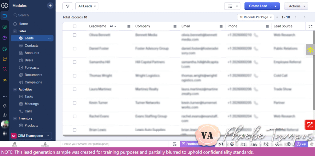 Screenshot of Zoho CRM dashboard showing organized lead records with names, companies, emails, phone numbers, and lead sources, created for lead categorization and data management training.
